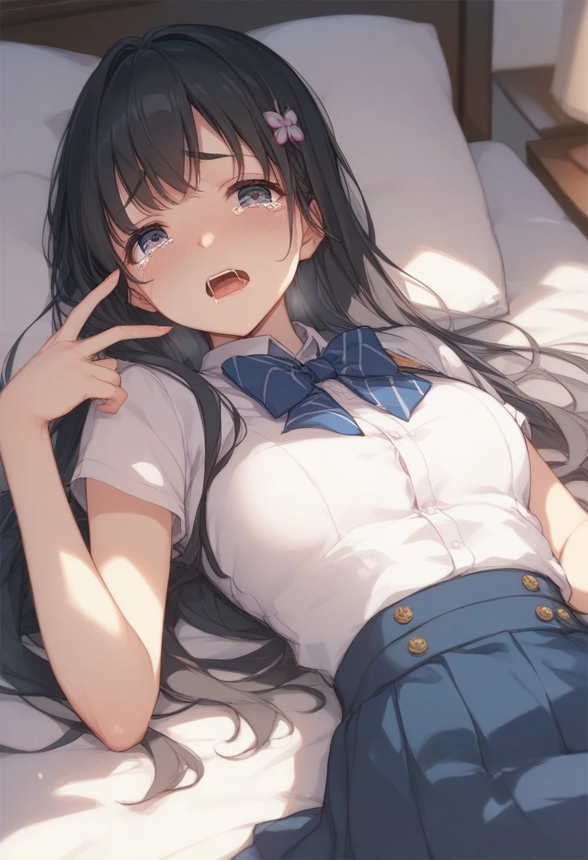 (open arms for viewer :1.5),(on back:1.5), Realistic, real person, (pale skin: 1.2), RAW photo, photorealistic, portrait photography, shiny skin, shiny hair、 (A 35-year-old woman with bangs) and (wavy hair) and (brown hair) and (Orange Eyes) , (business suit:1.5)and (Wearing a white collared shirt)、 (blush:1.5),(Cleavage:1.5)、Sleeping on the sofa,(alone:1.5)、With arms outstretched towards me
