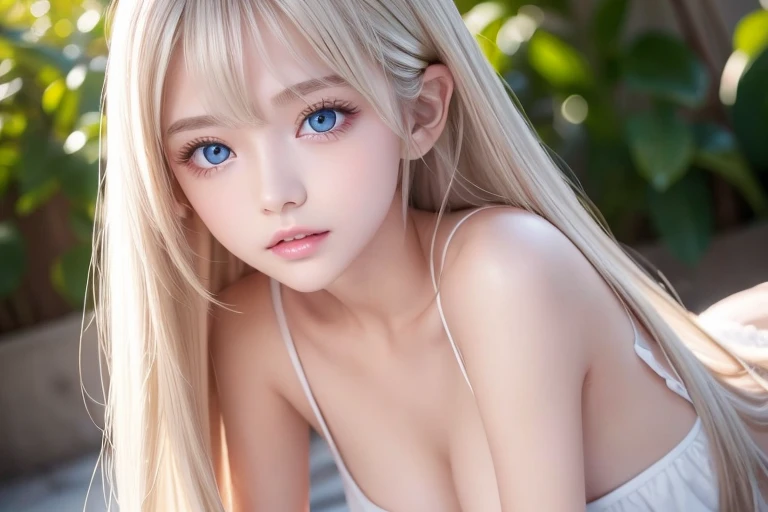 Beautiful Scandinavian girl with beautiful, shiny, bright blonde, mysterious hair.、Super long straight silky hair、Very beautiful shiny pretty face、Beautiful, glowing skin、Mysterious blonde light reflecting dazzlingly、Beautiful, cute, shining, pale, bright, sky blue, big eyes、Very big eyes、Beautiful super long shiny silky blonde hair、Swing your bangs in front of your eyes、Cute little beautiful girl 16 years old、Blonde hair above the eyes、片Blonde hair above the eyes、Blonde hair between the eyes、Cheek highlighter、Small Face Beauty