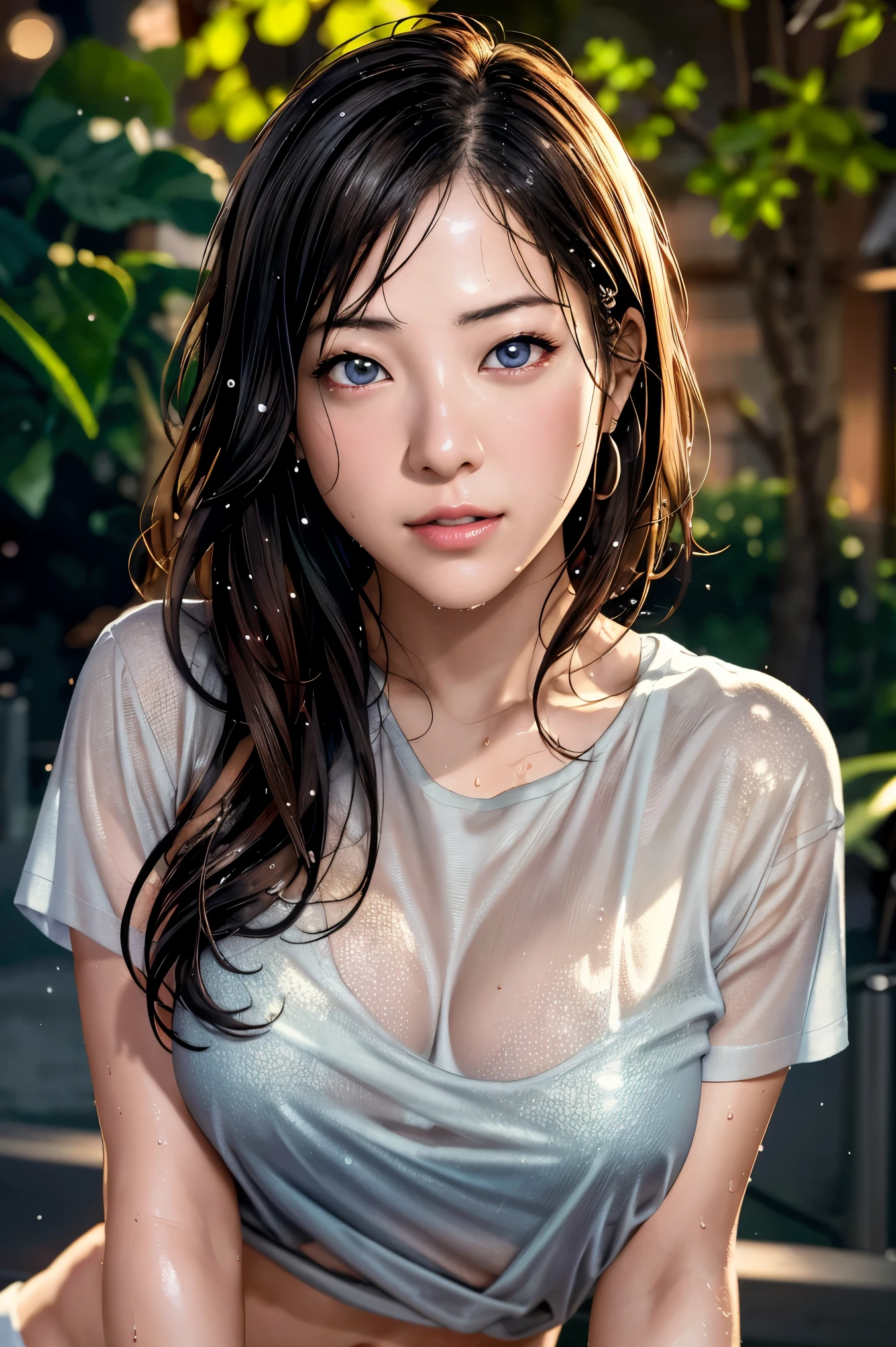 Top Quality, Masterpiece, High Resolution, 8k, wide objective, full body shot, ((cute tanned girl in a wet oversized see-through button-down tunic, deep neckline, short pixie asymmetrical hair, small perky breasts, beautiful detailed eyes, beautiful detailed lips, extremely detailed face, no lipstick, no makeup, natural teint, in onsen, at night, very dim light from one side))