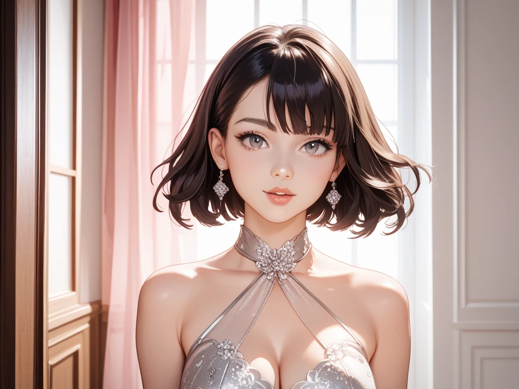 (A photo of upper body), Beautiful face, Highly detailed face and skin texture, (Detailed eyes), Brown eyes, Double eyelids, Thin eyebrows, Glitter eyeliner: 1.2, Natural cheeks, Shiny skin, Fair skin, (((wearing pajamas))), Glitter necklace and earrings, (Shiny lips: 1. 4), (Seductive smile), (20 years old), (Wavy hair, Diagonal bangs), Short hair, Headband, ((Upper body shot)), ((Focus on chest and face)), Medium large breasts, Upturned breasts.