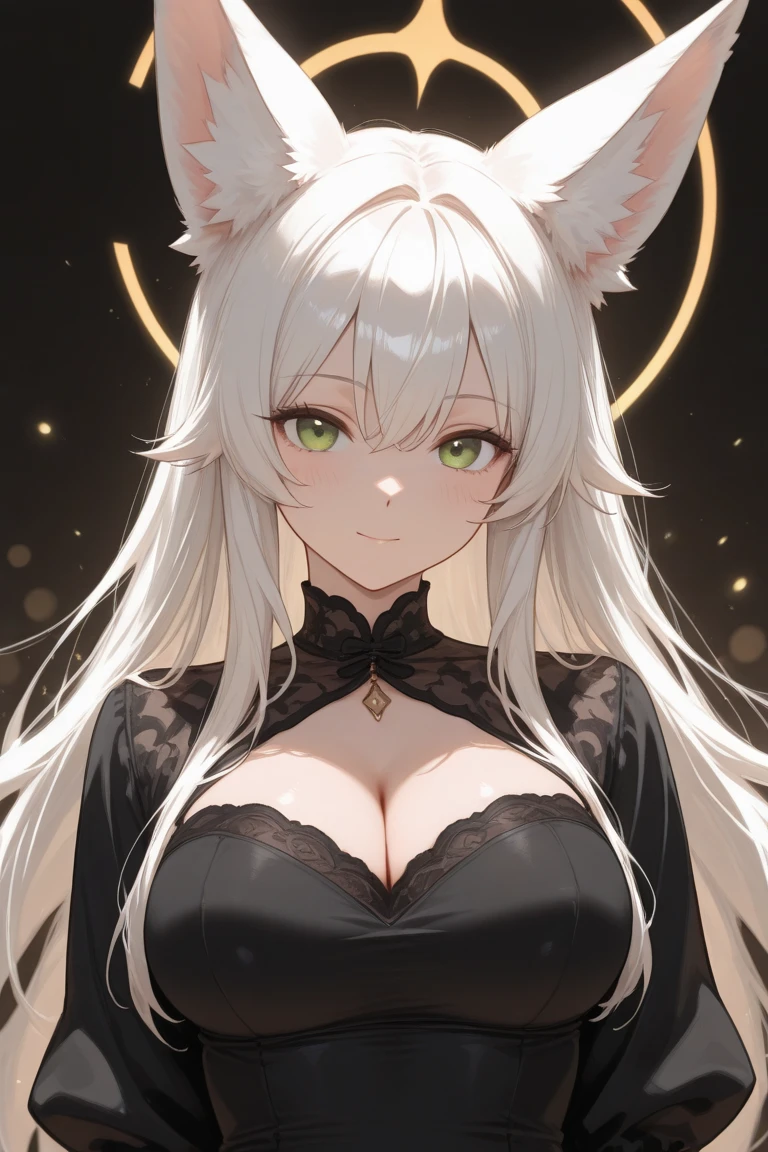 best qualimasterpiece, best quality, highres, detailed, 1girl, solo, very long hair, cleavage, smirk, black bra, underwear, fang, large breasts, yellow eyes, white hair, cat ears, cat girl, slit pupils, alternate breast size, paw pose,portrait,night, dim lighting, ponytail over shoulder