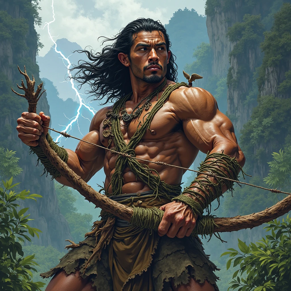 Muscular barbarian, partially upper body, lower body uncovered from thighs to feet,, long flowing curls, intricate muscular details, photorealistic artwork, 4K quality. Background: Dense jungle with ancient ruins,32k uhd, best quality, masterpiece, super detail, high details