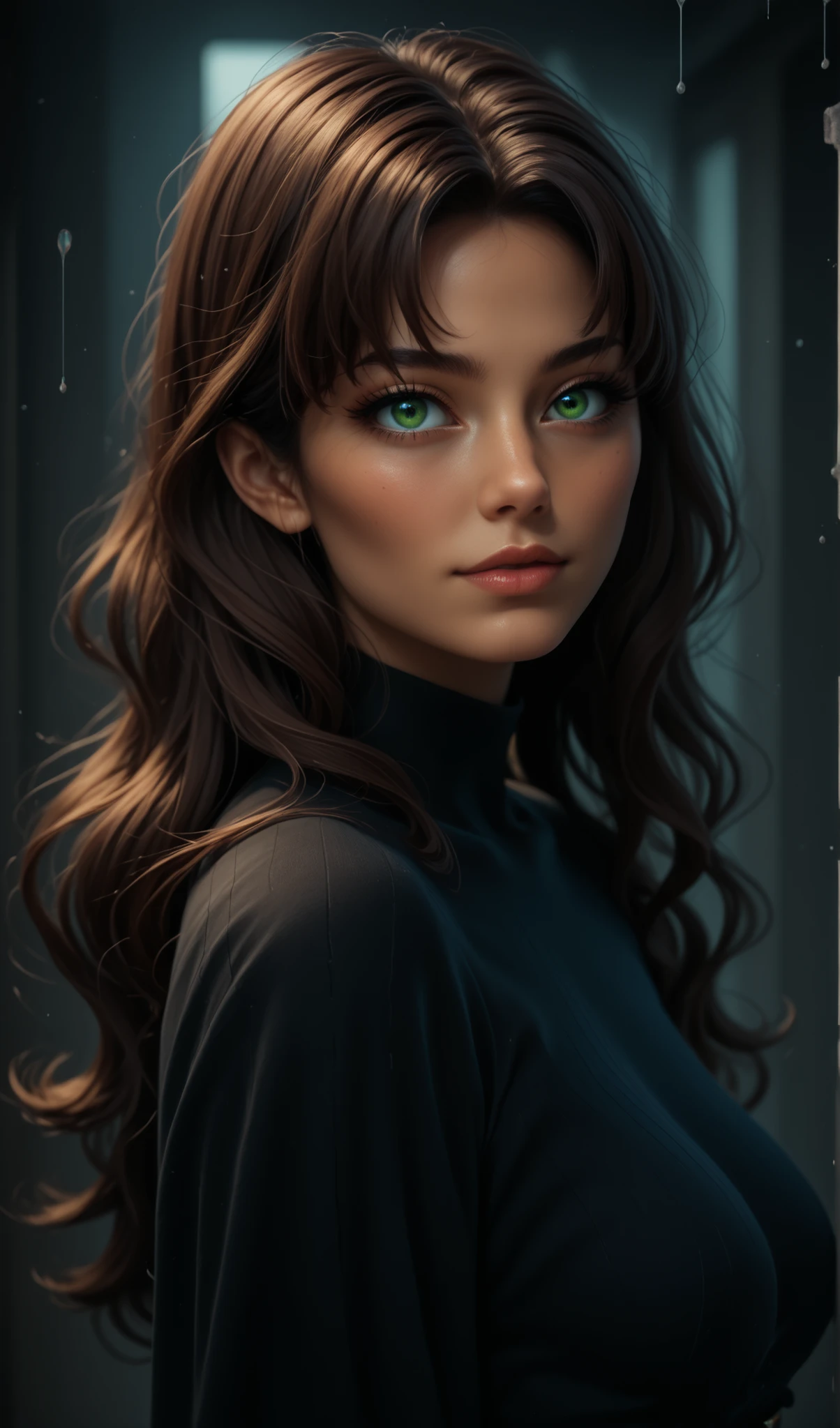 score_9, score_8_up, score_7_up, score_6_up, masterpiece, best quality, amazing quality, hyper-detailed, very aesthetic, ultradetailed, high detailed picture, look at you, dynamic pose, dynamic angle, seductive, sk1m1ill, (a ghostly, haunting, aesthetic nightmare), solo, detailed face, melancholic expression, dark smoky atmosphere, moody lighting, intricate details, cinematic composition, dark fantasy, surreal, digital art, rounded face, olga, long hair, brown hair, green eyes, bangs, parted bangs, straight hair, tan skin, solo, medium breasts, mature girl, look at you, Glitch Art, yellow accent, half body shot