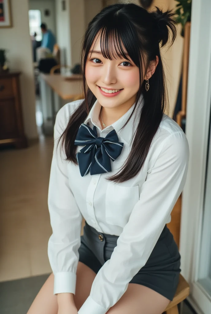 (highest quality、masterpiece:1.2)、highest quality、Realistic、photograph、High resolution、1080p、8K、The face is especially pale., Physical Rendering、((Height: 160cm)), one Japanese girl、((((((A succubus in the form of a 16-year-old beautiful Japanese fashion model)))))), ((((((They try to captivate and dominate the viewer with their beauty.)))))), School uniforms worn by popular models, (((big very detailed beautiful dark brown eyes))), ((blue girly large wine-red glossy polyester Japanese school ribbon bow tie)), (((black very beautiful and very very long braids or very very long hair))), ((((deep blue colored tartan checkered formal long pleated blue pleated skirt)))), ((A unpatterned formal dark blue blazer in solid that is slightly oversized and has an emblem on the left chest.)), (((((((laughing at me!))))))), Mouth open, The large blazer and skirt are very cute., detailed fingers, ((curled bangs)), Very beautiful succubus, ((Very large and very very very cute eyes of a Japanese girl, drawn with great care and attention to detail.)), double eyelids, Thin eyebrows, ((drooping eyes)), (((very long eyelashes))), ((cute lovely lovely laughing laughing cheeks)), ((Pure white light hits her face from above and in the front, making her skin and eyes shine beautifully.)), ((Strong light hits the nose and cheeks、It brings out the richness of the expression.)), (((((Her facial features are very expressive lovely smile, very very pure, very very intelligent.))))), ((tilting one&#39;s head)), ((The background is the altar of the succubus temple.))