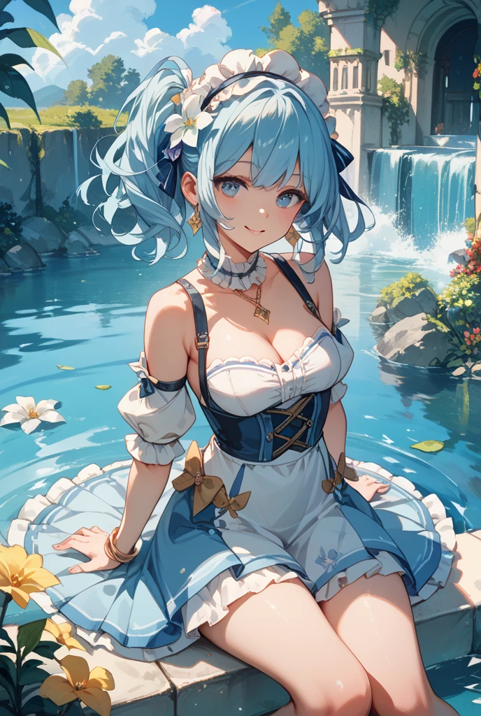 Anime Moe Art Style,Highest quality,High resolution,Anatomically correct,Mid-teens,With her light blue hair in a ponytail,Super detailed,Big Breasts,Shiny skin,Beautiful Skin,A rich expression,Bright smile,Laughing with your mouth open,Outdoor,Flower Field,Waving both hands widely,Sleeveless blouse,flare skirt,necklace,bracelet,hair ornaments,Eyes drawn in detail,8k