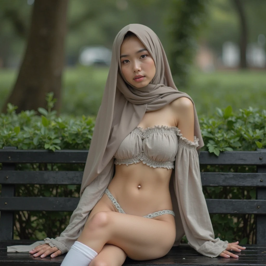 asian girl, naked, white skin, smile, red hijab , sitting, outdoor, forest