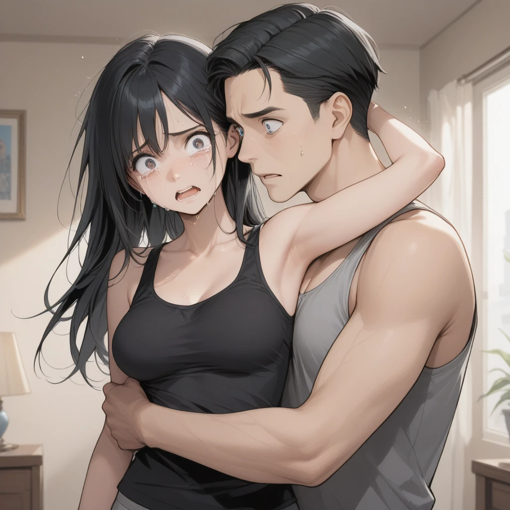 A brunette girl with a chubby build, Long black hair, black eyes, She hugs a boy. The boy has black hair, His eyes are brown and the boy's skin is white., The boy is tall and has a slim, plump build.