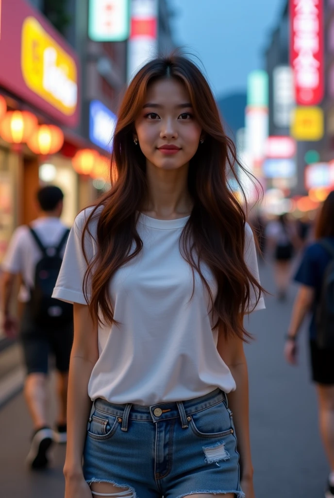 best quality,8k, Detailed facial depictions, Detailed eye description, Brown hair(long wavyhair),beautiful korean girl, 21 years old, slim body, huge breast , tshirt and short jean , walking around in the middle of the city with lots of people in Itaewon, Korea , long exposure