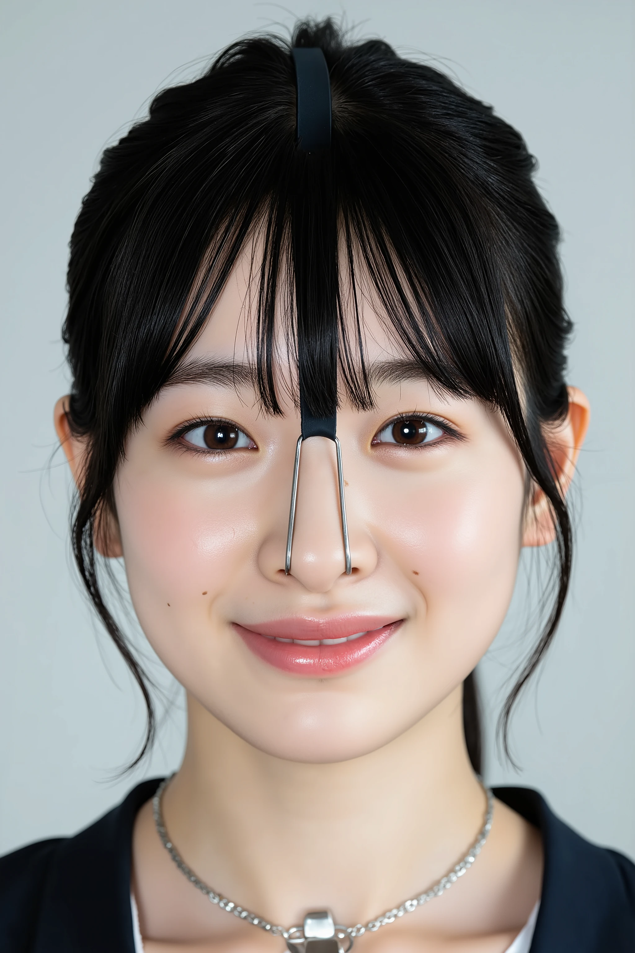 A high resolution photograph of a Japanese young woman, masterpiece, photo-realistic, natural lighting, film grain, portrait, fashion shoot, solo, 1girl, clothed, black hair, detailed face, detailed eyes, sophisticated nose, pale skin, fine-textured skin, (collar, nose hook with strap wrapped around top of her head, nose hook makes her nose look like a pig nose, showing nostrils:1.2), smile, looking at the camera, (view from below, facing up, chin-up, face focus:1.2), close-up of face, front view, simple background,