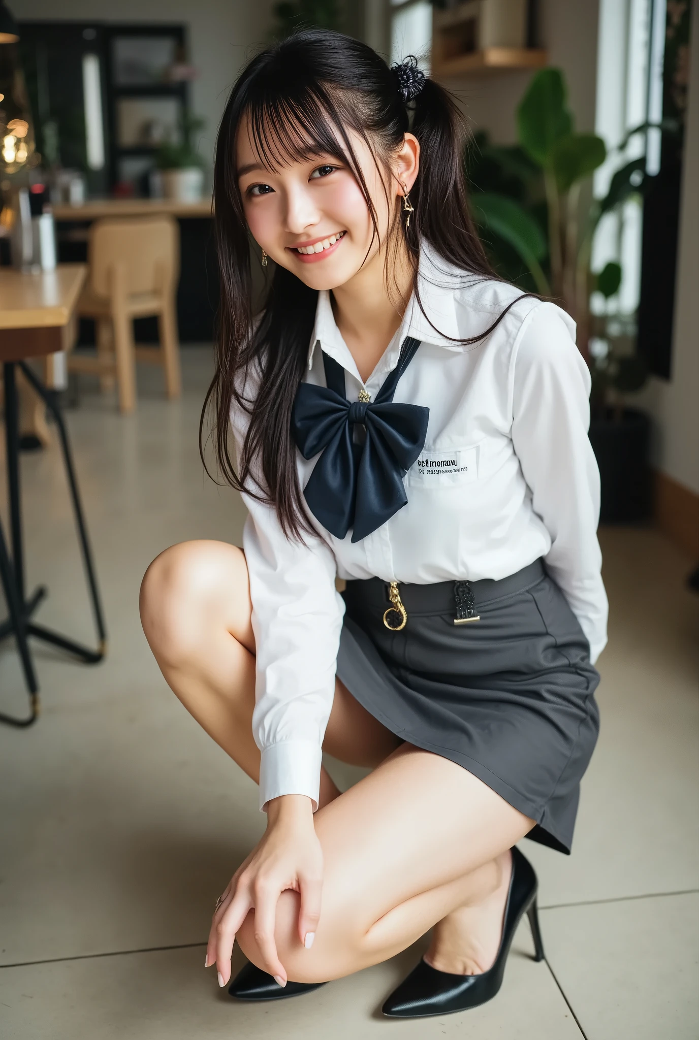 top quality, Sleek long black hair , Professional Office Lady with Long Dark Hair, dynamic squat pose, detailed eye and skin texture, studio lighting, 30 years old, dark eyes, elegant, medium breasts, plump lips, earrings, necklace, Charcoal Tight Suit , white blouse, miniskirt, high heels, name tag, long sleeve, slight motion blur , light motion blur, side profile view, Composed, Focused Expression, cowboy shot angle, full body