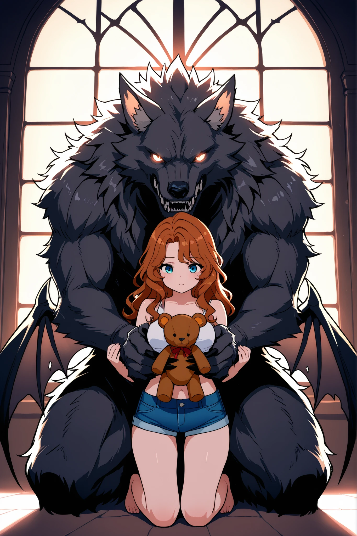A kneeling figure with long, wavy auburn hair, wearing white crop top and blue denim shorts, is embraced by a large, menacing werewolf creature with glowing eyes. The creature has dark fur, sharp claws, and bat-like wings, adding a fantasy or horror element to the scene. The figure holds a teddy, creating an intriguing contrast between innocence and the ominous presence of the werewolf. The lighting is soft and natural, coming from a window in the background, casting diffuse shadows, and creating a mysterious and surreal atmosphere.