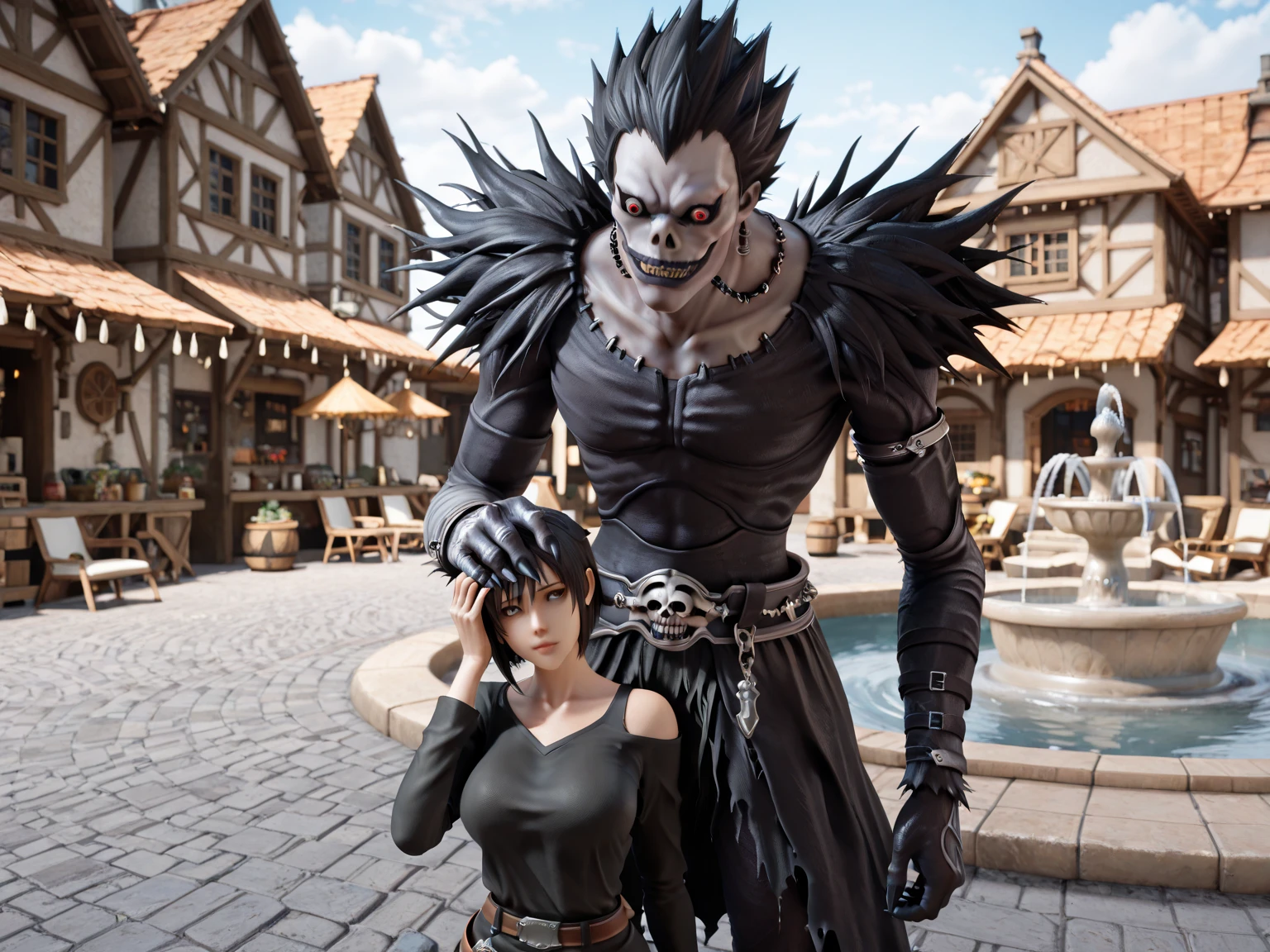 Masterpiece, best quality, amazing quality, absurdres, very aesthetic, 3D rendered image, sword art online style, Ryuk from Death Note, sh1n1gam1, standing with hand on head, exterior, fantasy village, fountain, village square. 