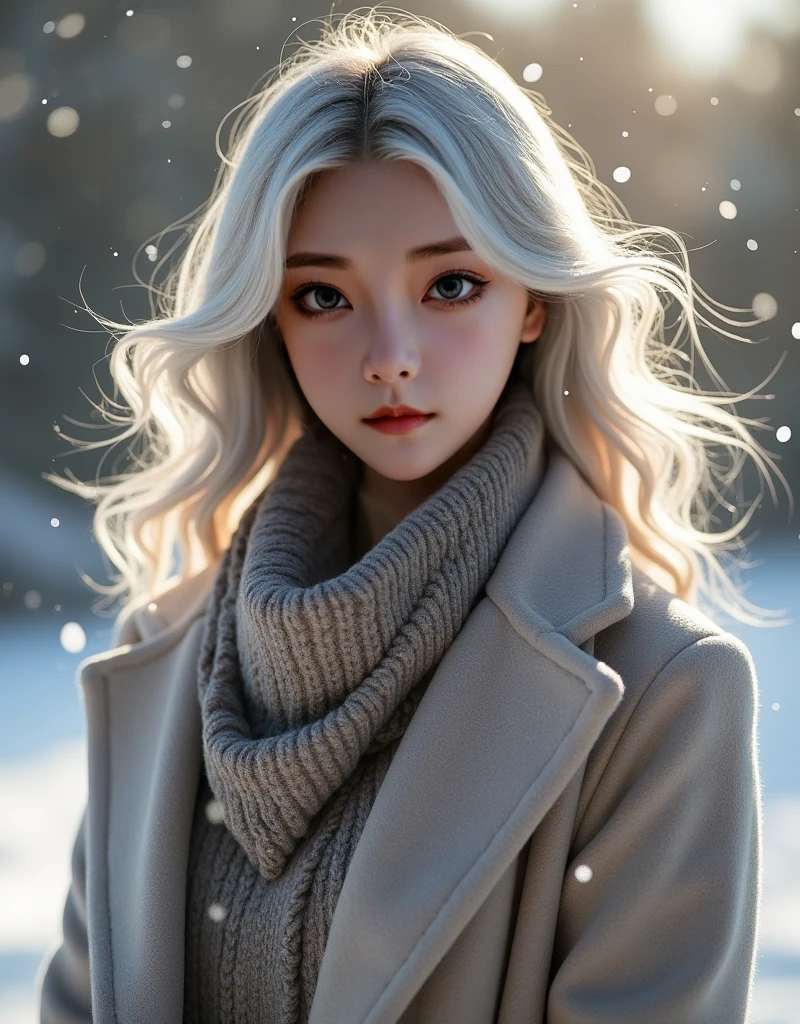 best qualtiy, tmasterpiece, White hair, eBlue eyes, A girl, exteriors, The upper part of the body, Realistis,Floating hair, Snowy,,Detailed face, winter, Green trees, Sunshine