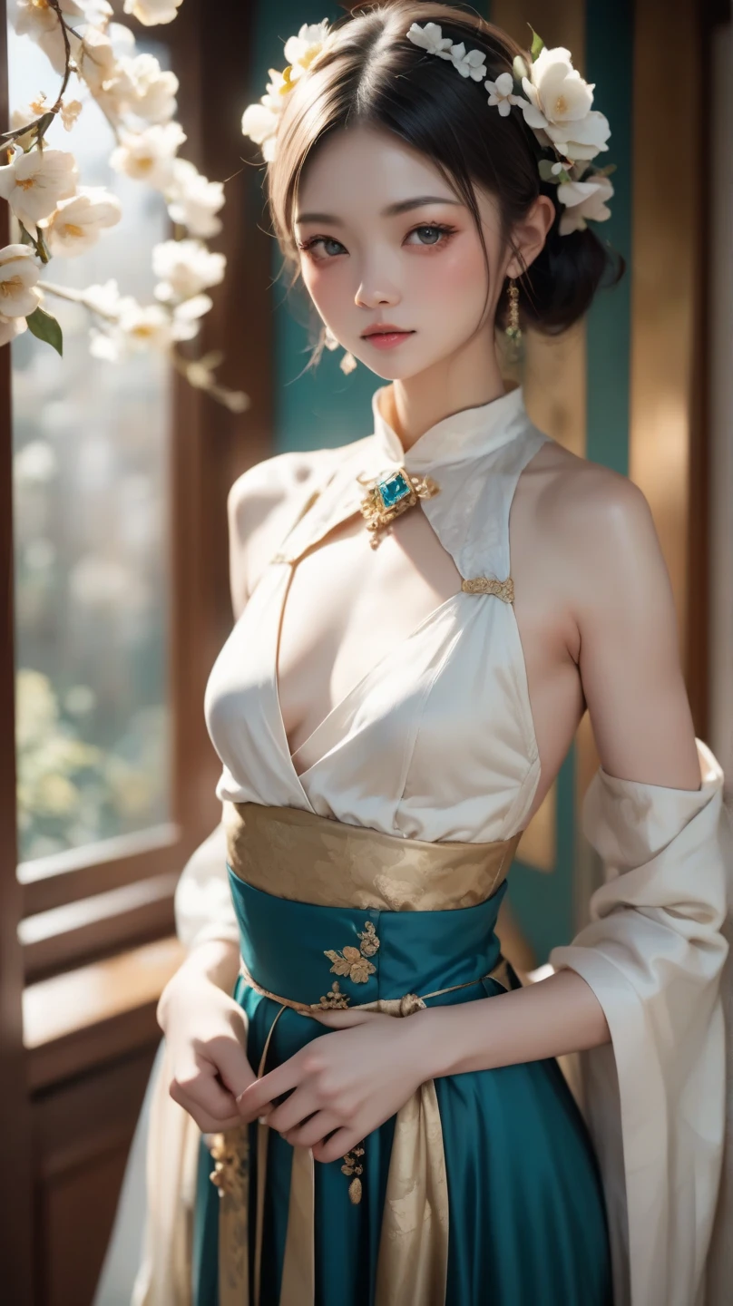 1 beautiful and sexy 20 year old girl, ((Wear traditional hanfu style clothing with the main colors being purple and red which is super see-through and sexy:1.8)), ((sexy ultra-thin ancient costume: 1.8)), not wearing pants, sexy hanfu style, ((long red hair:1.7)), jewelry elaborately made from precious stones and beautiful hair, ((wearing a 24k gold lace necklace:1.4)), the noble, noble style of an extremely beautiful girl, her small face is super cute, her face is very pretty, thin eyebrows, flawless beautiful face, ((black eye pupils: 0.8)), very beautiful eyes, ((light red eyes: 1.5)), (((big round eyes:1.6))), nice makeup and hair detailed eyelashes, steamy eye makeup, high nose, earrings, red lips, ((closed mouth: 1.5)) beautiful lips, slim hands, most beautiful thighs, ((arms spread out to the sides: 1.5)), rosy face, clean face, flawless beautiful face, smooth white skin, (big breasts: 1.5)), tight breasts, beautiful cleavage, (((big breasts and super round: 1.8))), beautiful breasts, perfect body, ((put girl's arms behind her back:1.6)), chest out, sit down on the bed, ((Open your legs:1.8)), not ashamed, 8k photo, super high quality, super realistic, super 10x pixels, optical, bright studio, bright edges, dual-tone lighting, (high-detail skin:1.2), super 8k, soft lighting, high quality, volumetric lighting, photorealistic, photorealistic high resolution, lighting, best photo, 4k, 8k quality, smooth sharp, 10x pixel, ((royal villa background:1.5)), aurora, lightning, super graphics realistic, most realistic graphics, 1 girl, alone, solo, Extremely sharp image, surreal, ((frontal portrait:1.5))."