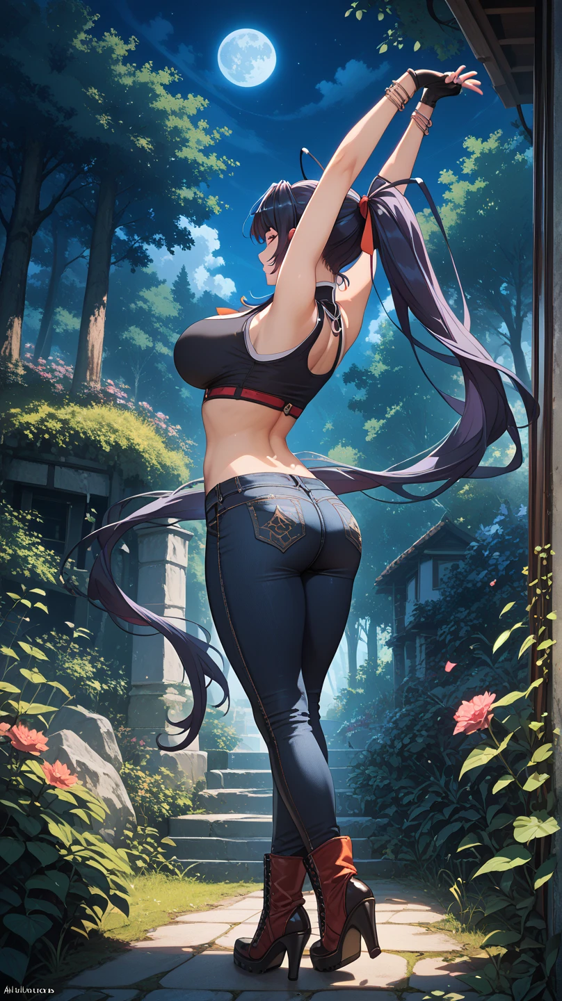 ((Best Quality)), ((masutepiece)), ((Realistic)), With the slime of a beautiful beautiful woman standing in a peaceful Japan garden、Autumn leaves at eye level, Scenic, masutepiece, (hight resolution), Original, extremely detailed 8K , (Photorealistic:1.4),face perfect, Perfect eyes,symmetrica body shape,Smile, 、1adult lady,(huge bust),((Super giant robot)),Shiny smile,Tank Tops,Black leather pants,full body Esbian,Beautiful city at dawn,Ahoge,braid ponytail,Rear view