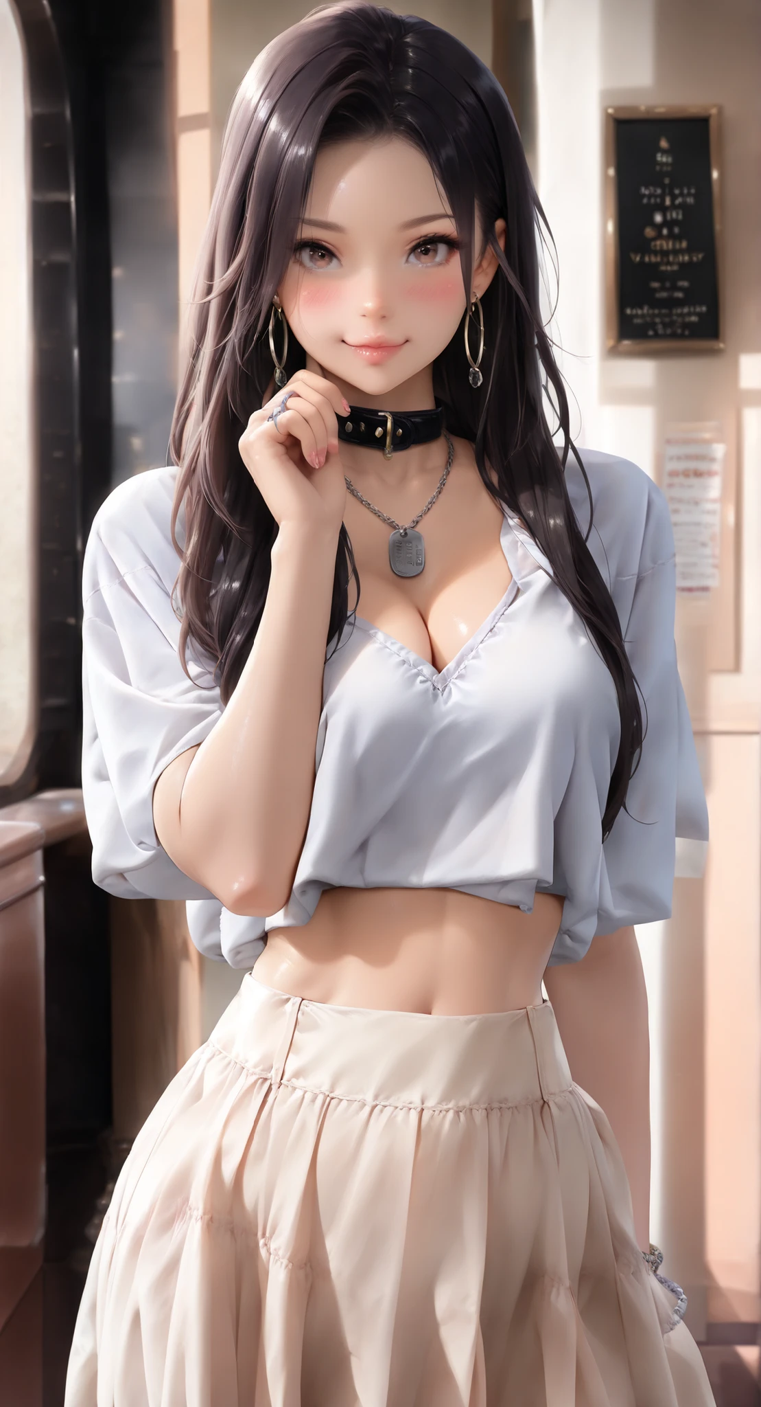 (Masterpiece, best quality, vibrant, high contrast, hyperrealistic, top quality, high sharpness, realistic, ultra realism, sharp, detailed clothes, highly detailed character, High Resolution, 16k, very detailed, Volumetric lighting, depth of field, cinematic, vibrant, dynamic lighting, dramatic light. Atmospheric effects. :1.3), 1girl, solo, (25, twenty five years old, young adult), Perverted, Nymphomaniac, Japanese, soft oval-shaped face, brown slanted eyes, small heart-shaped lips, long silky-flat black hair with layered waves, sun-kissed skin tone, (Height: 168 cm tall, 5'6"), (Weight: 45kg), (Personality: ENFP), curvy and feminine figure, large-medium soft breasts, slim waist with gentle inward curve, slightly defined and petite midriff, slightly wide hips, thick and supple thighs, fit but round butt, (wearing a long flowing beige tulle skirt that rests low on her hips, loose short-sleeved pastel-pink cropped blouse, feigned innocence), tiny silver hoop earrings, thick black collar, silver rings on fingers, silver and bead bracelets, military dog tag on silver chain necklace, thick black eyeliner, blush, lip gloss, gives off a I want to fuck vibe, cozy coffee shop background, Akihabara backdrop, standing and waiting at cafe, seductive but cute pose, expressive eyes, warm smile. model-level beauty, beautiful, full lips, cute nose, close-up shot, cute with slight naughty edge, Scene: She is waiting for her boyfriend to arrive, cleavage, yujimin, show off bellybutton, Occupation: kpop idol, idol beauty, nsfw, provocative clothes,