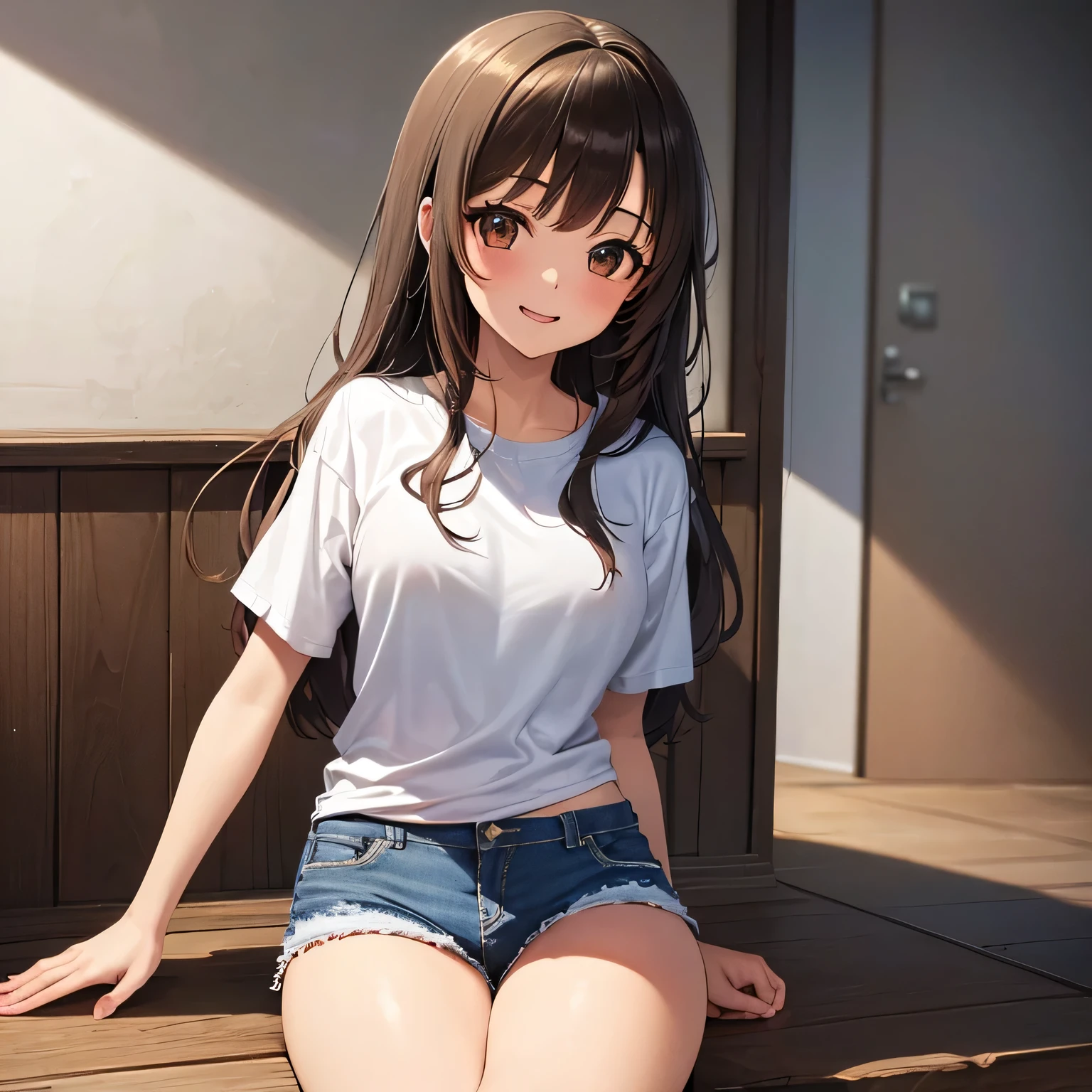 Brown hair, blusa ajustada, ropa interior, cintura delgada, piernas grandes, Brown eyes, small breasts 