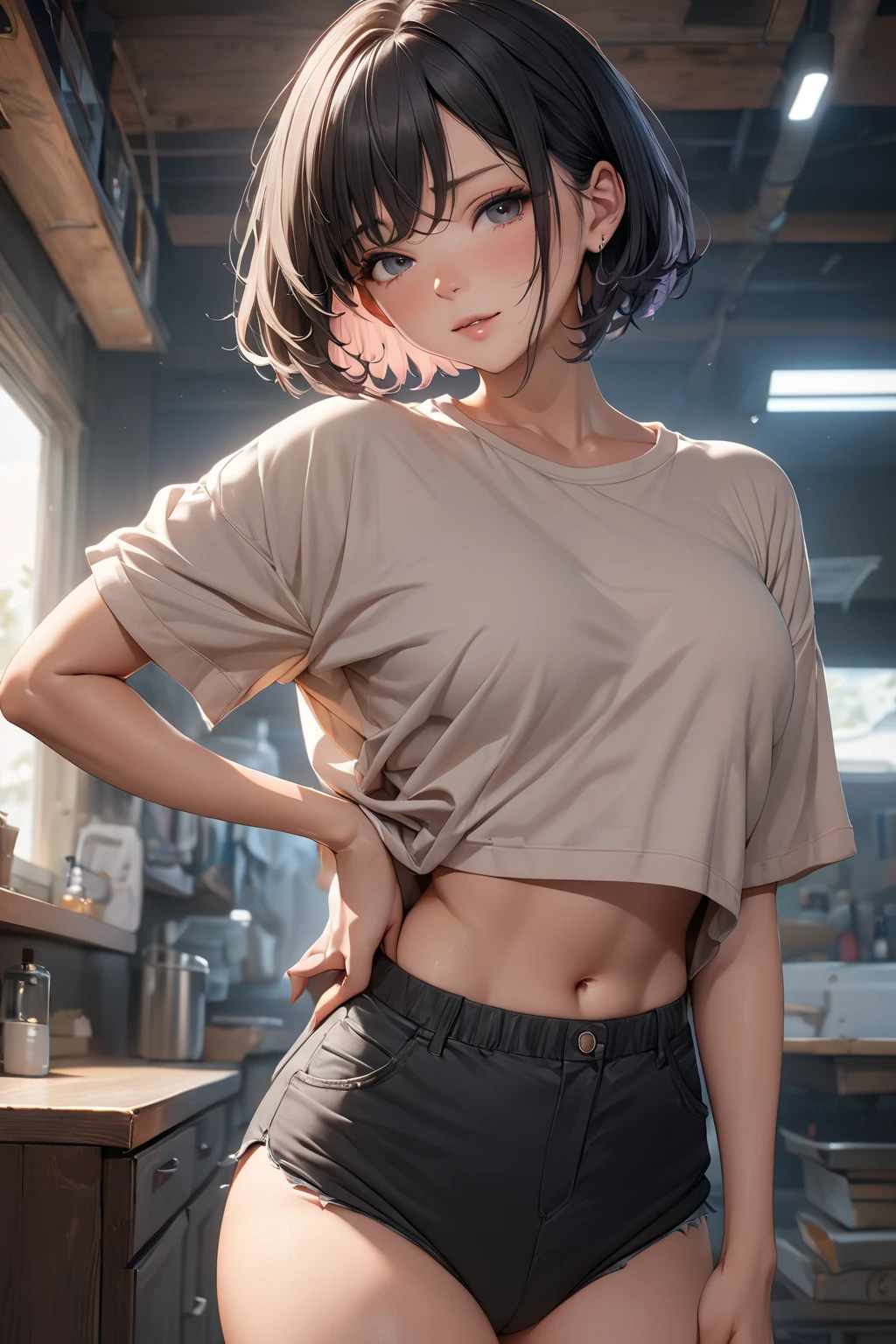 masterpiece, best quality, dark skin, short hair, yellow eyes, black hair, beautiful girl, thin, full body, casual pink male long-sized t-shirt, jeans pants, plan boobs), short , small boobs), ((short chest)), ((big butt)), ((wide thigh)), sitting in front perspective, eating pizza