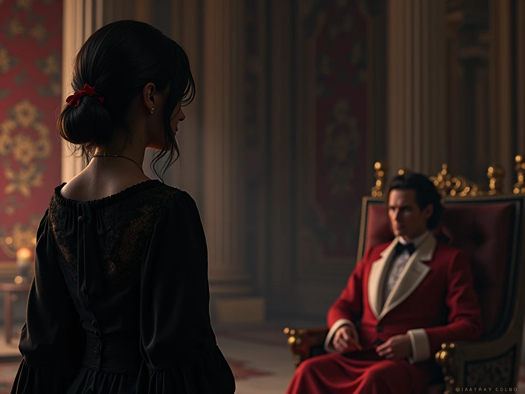 30 year old woman looking in the mirror and seeing in the reflection the image of a man sitting on a golden throne, referring to the figure of a powerful emperor, convey depth