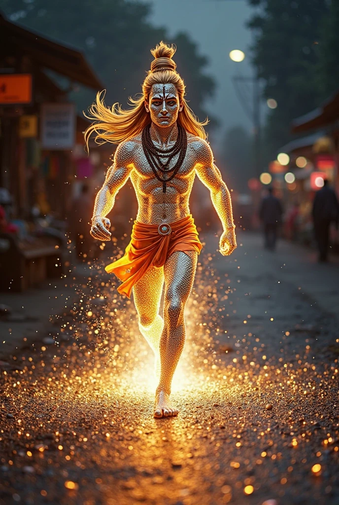 Generate a image of little lord Hanuman playing with red flowers in the mountain view so spiritual and panoramic.