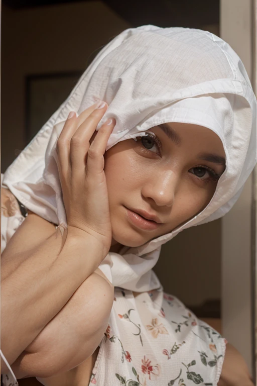 Create an anime-style image featuring a serene, composed female character with a soft and mysterious expression. She is wearing a light pink hijab that wraps around her head and shoulders, contrasting with her beige and brown attire. She is seated gracefully on a smooth surface, with her legs folded beneath her, and the folds of her clothing creating gentle curves. The background is dark and minimalistic, allowing the character to stand out, illuminated by a soft, ambient light. The overall mood of the image is calm and contemplative.
