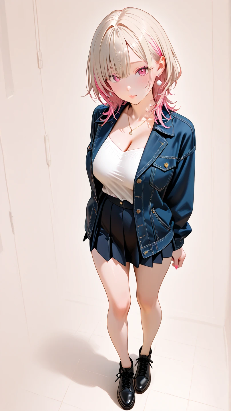 masterpiece、highest quality、Very detailed、Photograph the upper body、1 female、(Put your arms behind your back:1.2)、Are standing、Turn your body forward、View your viewers、(Race Queen、Blue staff jacket、Blue mini skirt)、blush、shy、Pink Hair、Open your mouth、circuit、F1、Big Breasts、