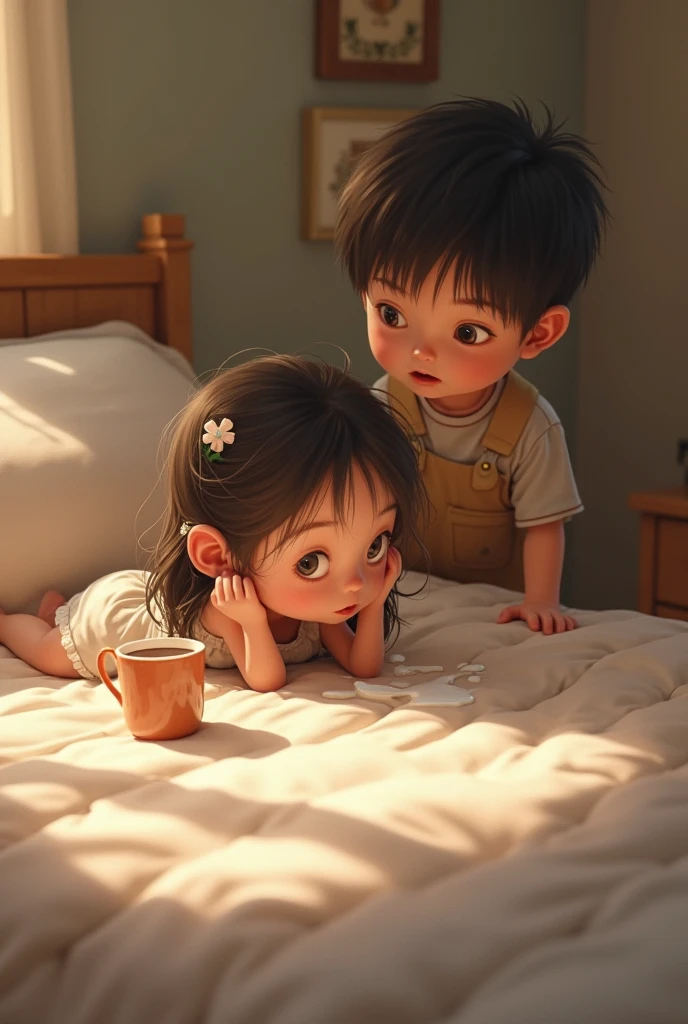 Youngest Boy sleeping on bed but youngest girl standing near the bed Animation form