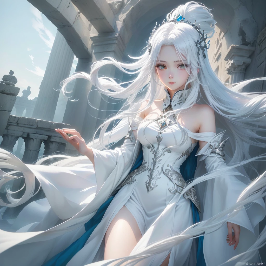 A woman in a white dress in smoke, fantasy art style, digital art fantasy, digital art fantasy art, fantasy woman, ethereal fantasy, moody misty fantasy art, digital 2d fantasy art, guweiz, digital fantasy art), trending digital fantasy art, fantasy digital art, anime fantasy illustration, art cover, beautiful fantasy art, beautiful character painting, pose, realism, perfect figure.