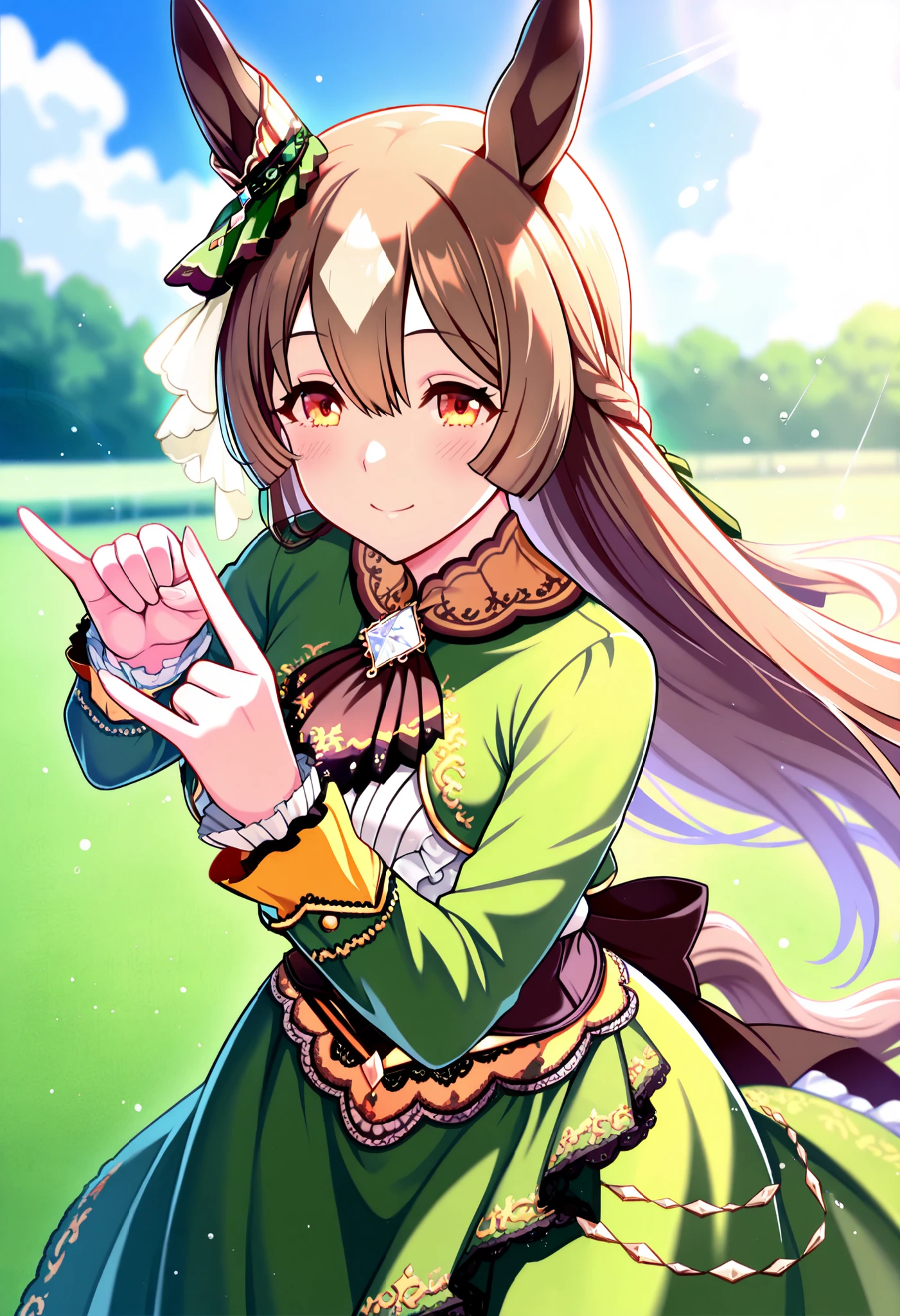 Satouno Diamond Umamusume Pretty Deby, masterpiece, top quality,, score_9, score_8_up, score_7_up ,
Satono Diamond \(Uma Musume\), 1 girl, horse ears, earrings, running, smile, horse tail, watch viewers, sleeve until past the wrist, , blurred, ハーフup, null, Outdoors, brown ascot , long sleeve with white ruffles , blue null, blurred background, day, cloud, depth of field, lace trim high low skirt green dress, Blue Brooch , brown bow with low waist \ n cowboy shot ,light,lens flare,light particles,
motion blur, lens flare,Outdoors,