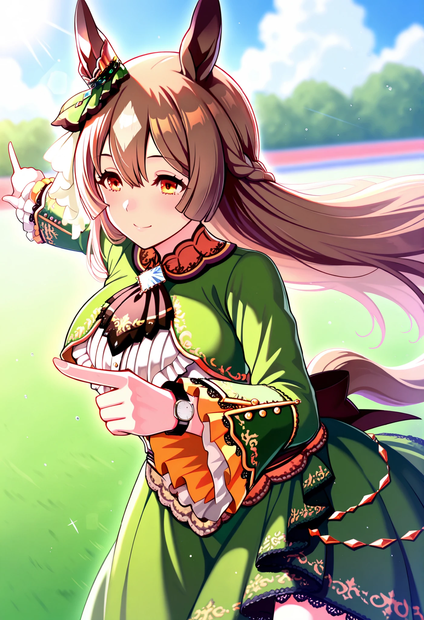 Satouno Diamond Umamusume Pretty Deby, masterpiece, top quality,, score_9, score_8_up, score_7_up ,
Satono Diamond \(Uma Musume\), 1 girl, horse ears, earrings, running, smile, horse tail, watch viewers, sleeve until past the wrist, , blurred, ハーフup, null, Outdoors, brown ascot , long sleeve with white ruffles , blue null, blurred background, day, cloud, depth of field, lace trim high low skirt green dress, Blue Brooch , brown bow with low waist \ n cowboy shot ,light,lens flare,light particles,
motion blur to cover nipples, lens flare,Outdoors,