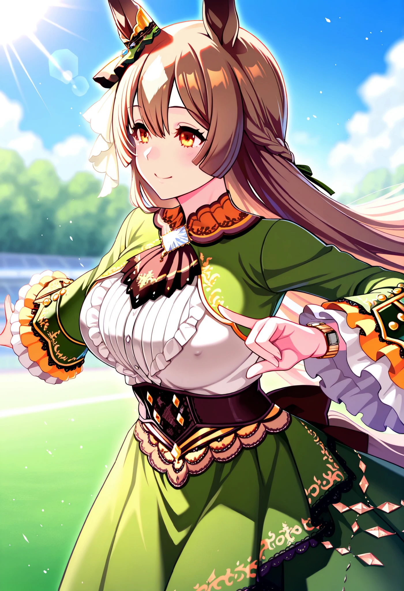 Satouno Diamond Umamusume Pretty Deby, masterpiece, top quality,, score_9, score_8_up, score_7_up ,
Satono Diamond \(Uma Musume\), 1 girl, horse ears, earrings, running, smile, horse tail, watch viewers, sleeve until past the wrist, , blurred, ハーフup, null, Outdoors, brown ascot , long sleeve with white ruffles , blue null, blurred background, day, cloud, depth of field, lace trim high low skirt green dress, Blue Brooch , brown bow with low waist \ n cowboy shot ,light,lens flare,light particles,
motion blur to cover nipples, lens flare,Outdoors,