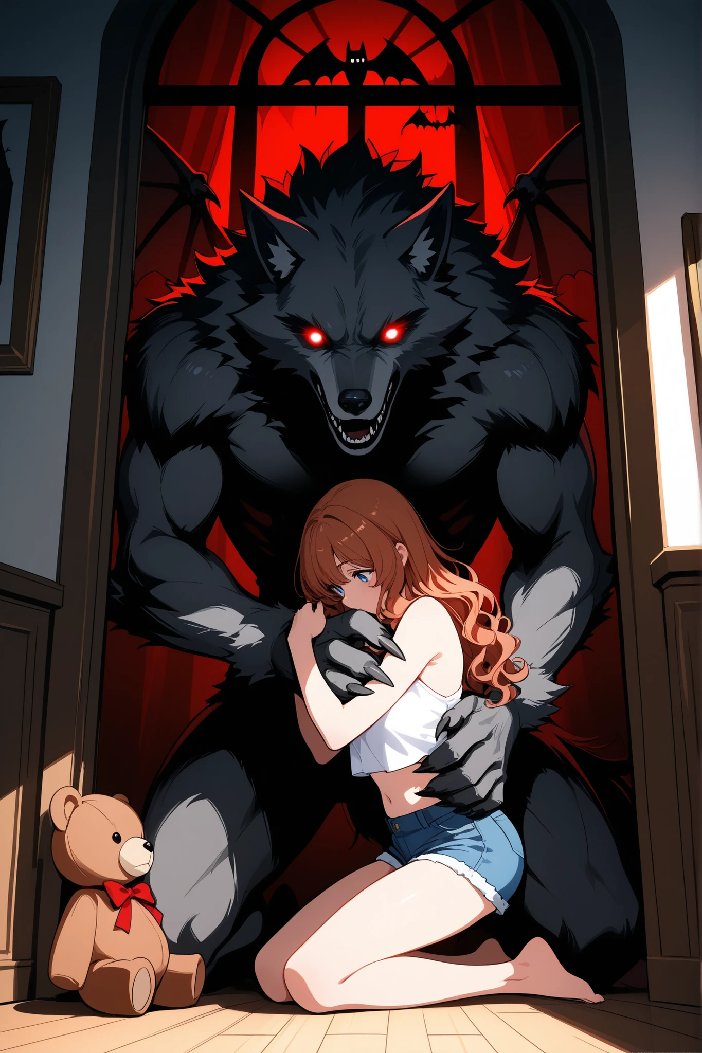 A kneeling figure with long, wavy auburn hair, wearing white crop top and blue denim shorts, is embraced by a large, menacing werewolf creature with glowing eyes. The creature has dark fur, sharp claws, and bat-like wings, adding a fantasy or horror element to the scene. The figure holds a teddy, creating an intriguing contrast between innocence and the ominous presence of the werewolf. The lighting is soft and natural, coming from a window in the background, casting diffuse shadows, and creating a mysterious and surreal atmosphere.
