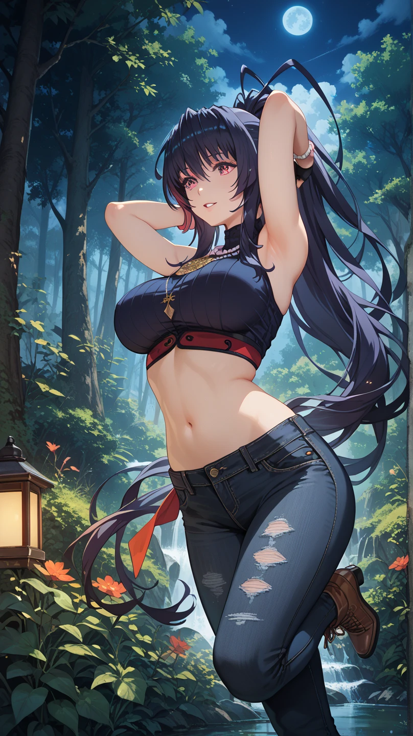 (1girl, solo, 8K, RAW, best quality, masterpiece, ultra high res, colorful, (medium wide shot), (dynamic perspective), sharp focus , (depth of field, bokeh:1.3), extremely detailed eyes and face, beautiful detailed eyes, (Oni, demon, oni horns, tanned skin, red skin, slander tail), (wide samurai pants, geta footwear, black tight crop top, breasts bandage), medium breasts, sits across-legged, hands on knees,
near campfire, lean back to tree, looking at viewer, facing viewer, right side view, forest background, dark forest, night time