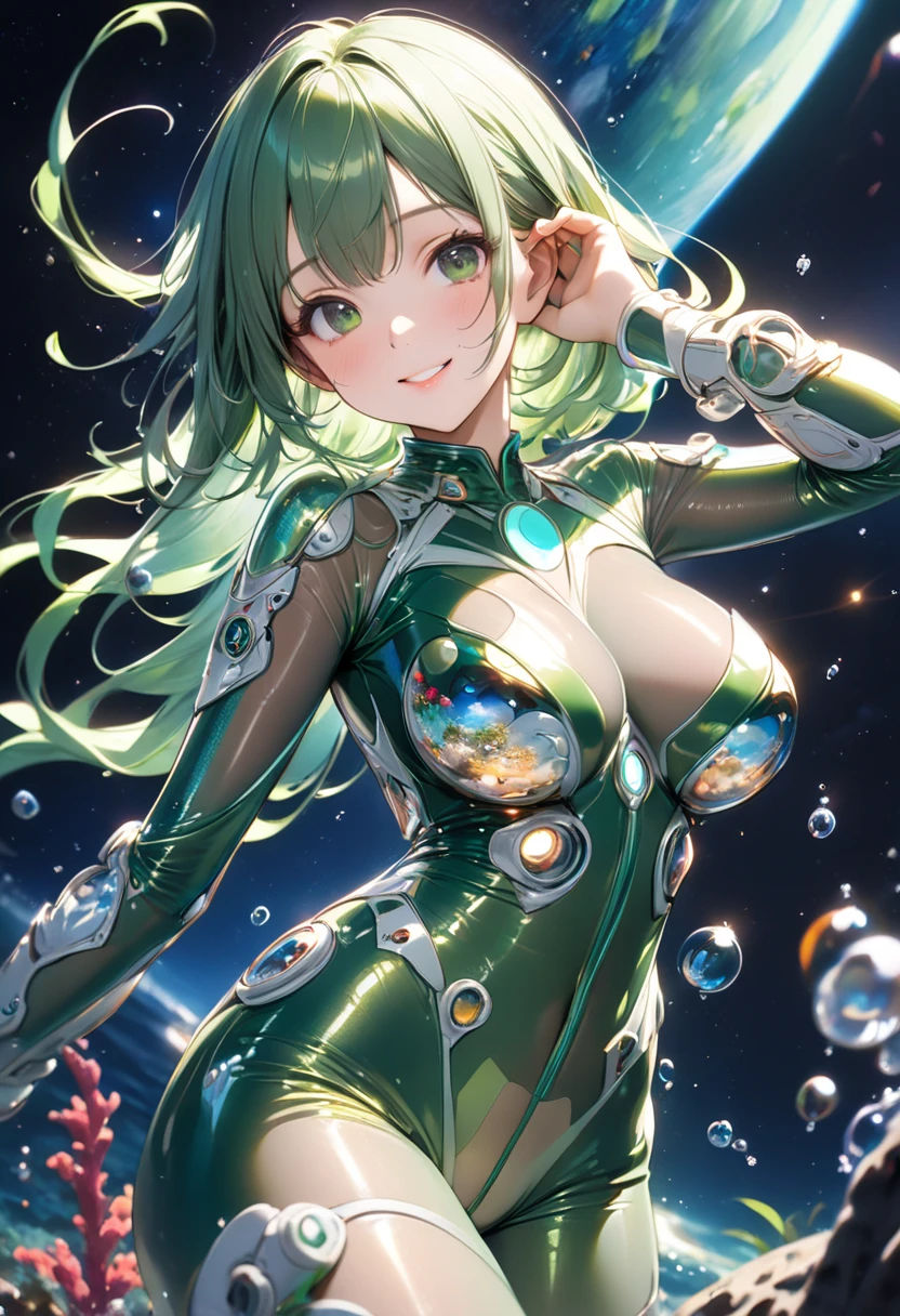 digital painting, action shot, 1girl, woman, scifi, crystalcore, scientist, full body, wearing shiny  blue-green jumpsuit, bombshell hair, indigo hair, Disco Curls,hair bun, soft body, wide hips, narrow waist, small breasts, caucasian<lora:EnvyActionShotXL01:0.85>