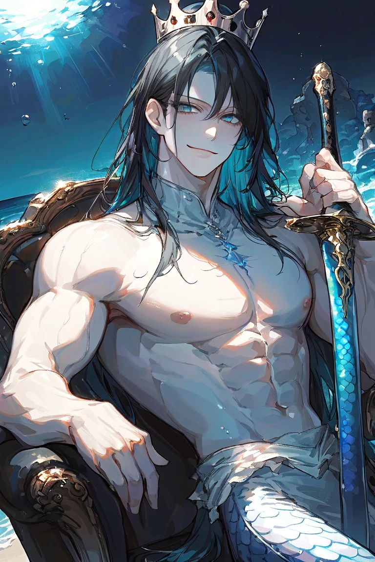 liquid thong, male focus, gloves, 1boy, solo, long hair, blue hair, earrings, jewelry, simple background, black gloves, water, ponytail, low ponytail, grey background, extremely handsome male, (naked body), wearing micro black tiny g-string, visible bulge, mage long red robes, single earring, nipple rings, bangs, liquid hair, sky print,