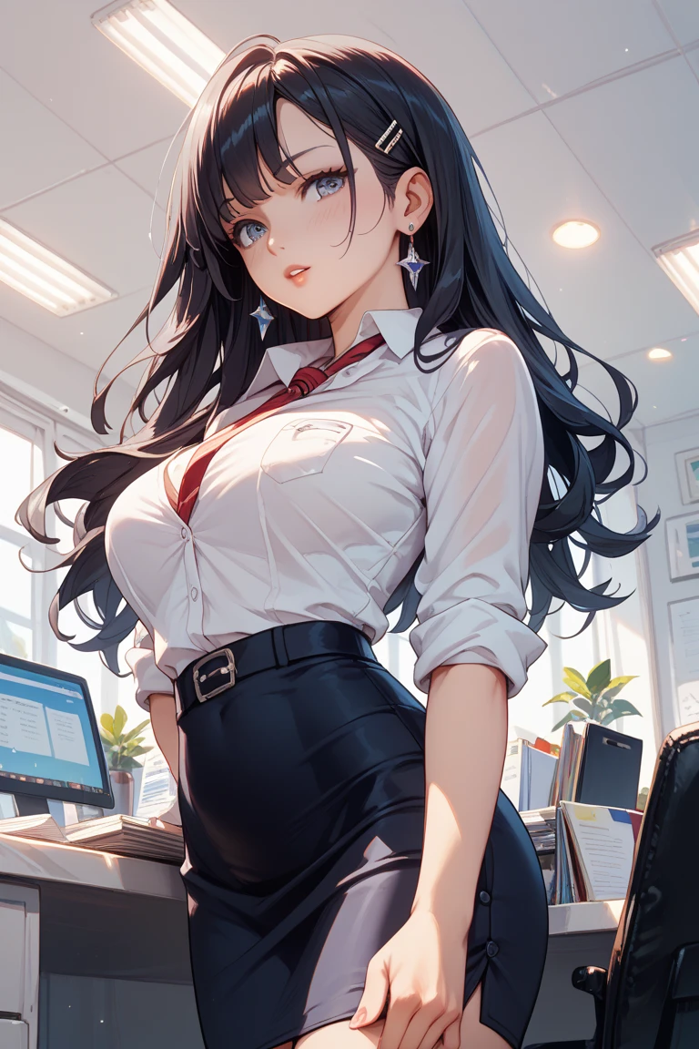 master piece,lots of details,best high resolution,office room,workplace,1 female,black hair, sexy, slender, beautiful breasts,long and fine hair,brown eyes,white shirt top,black hip skirt,black pantyhose,transaction machine,whole body