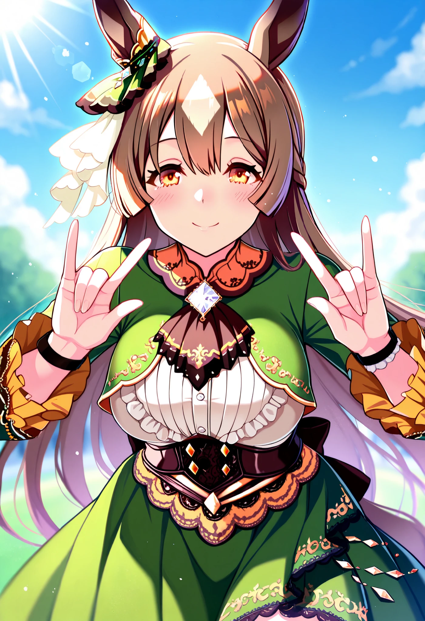 Satouno Diamond Umamusume Pretty Deby, masterpiece, top quality,, score_9, score_8_up, score_7_up ,
Satono Diamond \(Uma Musume\), 1 girl, horse ears, earrings, running, smile, horse tail, watch viewers, sleeve until past the wrist, , blurred, ハーフup, null, Outdoors, brown ascot , long sleeve with white ruffles , blue null, blurred background, day, cloud, depth of field, lace trim high low skirt green dress, Blue Brooch , brown bow with low waist \ n cowboy shot ,light,lens flare,light particles,
motion blur, lens flare,Outdoors,