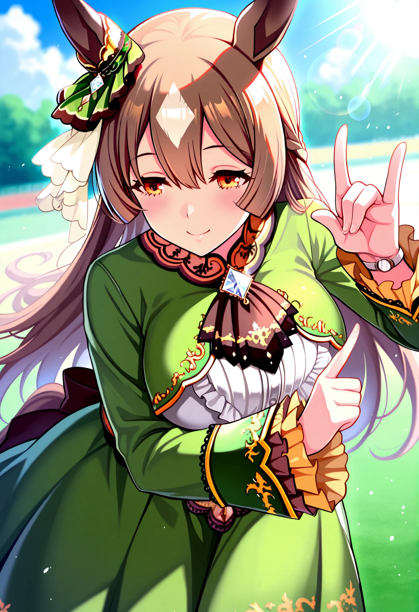 Satouno Diamond Umamusume Pretty Deby, masterpiece, top quality,, score_9, score_8_up, score_7_up ,
Satono Diamond \(Uma Musume\), 1 girl, horse ears, earrings, running, smile, horse tail, watch viewers, sleeve until past the wrist, , blurred, ハーフup, null, Outdoors, brown ascot , long sleeve with white ruffles , blue null, blurred background, day, cloud, depth of field, lace trim high low skirt green dress, Blue Brooch , brown bow with low waist \ n cowboy shot ,light,lens flare,light particles,
motion blur, lens flare,Outdoors,