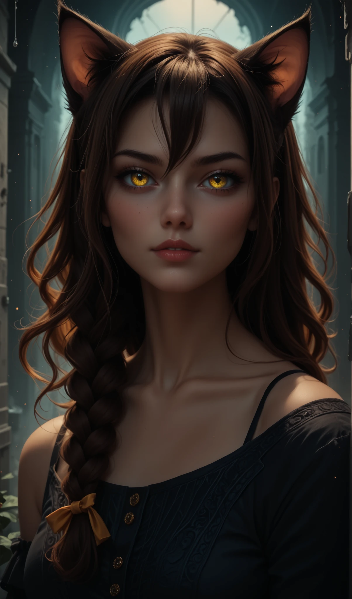 score_9, score_8_up, score_7_up, score_6_up, masterpiece, best quality, amazing quality, hyper-detailed, very aesthetic, ultradetailed, high detailed picture, look at you, dynamic pose, dynamic angle, seductive, sk1m1ill, (a ghostly, haunting, aesthetic nightmare), solo, detailed face, melancholic expression, dark smoky atmosphere, moody lighting, intricate details, cinematic composition, dark fantasy, surreal, digital art, rounded face, yulya, brown hair, yellow eyes, hair between eyes, cat pupils, animal ears, cat ears, tail, cat tail, cat girl, long hair, braid, side braid, single braid, bow, 1girl, solo, look at you, Glitch Art, yellow accent, half body shot