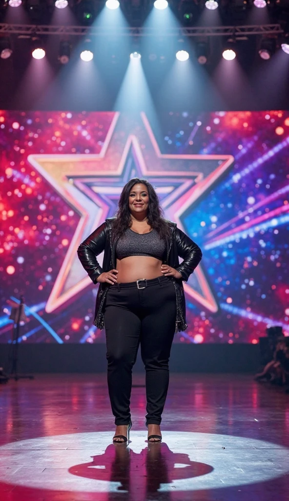 Beautiful athletic dark-haired 25-year-old woman, Workouts in the gym, Lifting weights in the gym, gym,Curvaceous, wide hips, Fat butt, big butt, Curvaceous, tetas grandes, wide large buttocks,  Disguised as a hip-hop gangsta rappu with a gold necklace and baseball cap, Singing on stage in front of an audience, Singingsbühne, singing, a  photo of a, DSLR camera with 50mm lens, Диафрагма f/1.8, --AR 16:9 --V 5