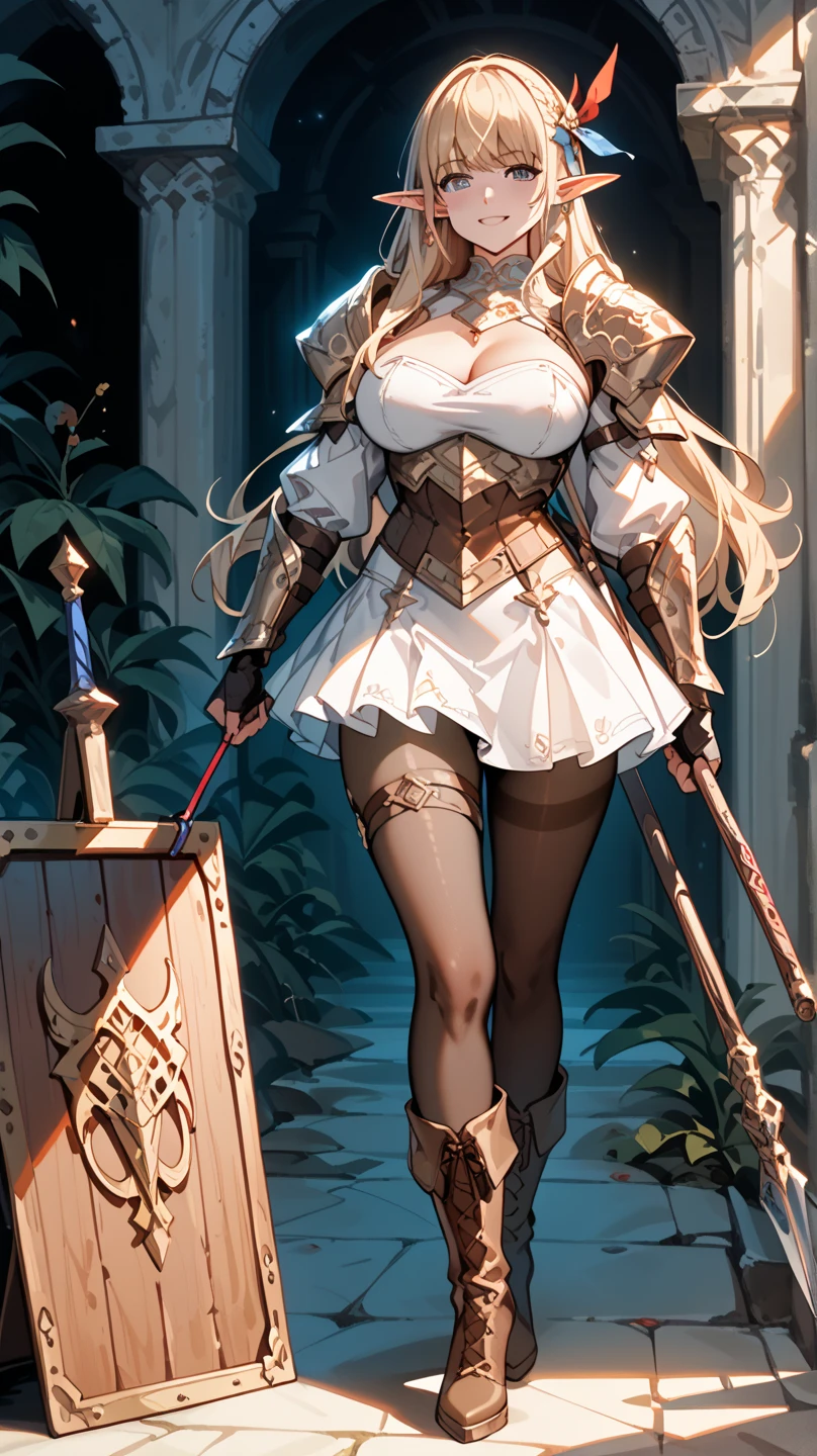 masterpiece, highest quality, Intricate details, Gorgeous blonde elven woman, (mint eye), Celestine Lucullus, Perfect Anatomy, Perfect Face:1.1), ((Huge breasts!!!!!!)),(Huge breasts!!!!), White one-piece uniform, Sharp focus, ((alone:1.4), (Full Body Shot), View your viewers, Ultra-high resolution, (One girl:1.4), Highly detailed illustration, Smooth, Extremely pixel perfect, Detailed Background, art：Wlop と Ross Tran, forest, Fascinating,Venus Body、Wields the legendary sword