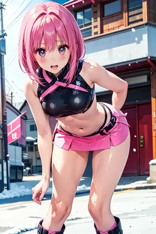 best quality, insanely detailed, nino nakano, breasts, blush, outdoor background, bare-shoulder, looking at viewer, garter strap, a black ribbon, pantyhose, highleg leotard, pussy, smile