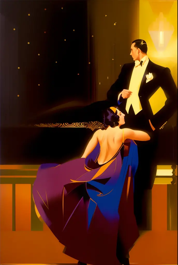 Painting of a couple dancing in a ballroom at night, art deco painting, angus mcbride, Directed by: Robert Scott Lauder, Art Deco Poster, Directed by: Pruett Carter, art deco portrait, art deco illustration, An art deco painting, Directed by: Rolf Armstrong, Enoque Bolles, Directed by: Norman Saunders, Otto Schmidt, ( ( ( Art Deco ) ) ), rosto perfeito, no deformation on the face, sorriso na face. perfect face.