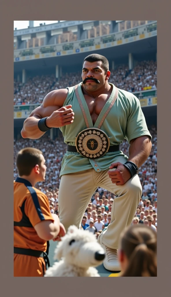 mr satan,1boy, solo,upper body, black hair,blue eyes, brown dougi,black championship belt,black belt,slight smile,looking at viewer,mustache,afro,white cape, sky, city in the background,,thumbs up,pectoral cleavage,looking at viewer,chest hair,muscular male,(best quality, masterpiece) (((full body))).