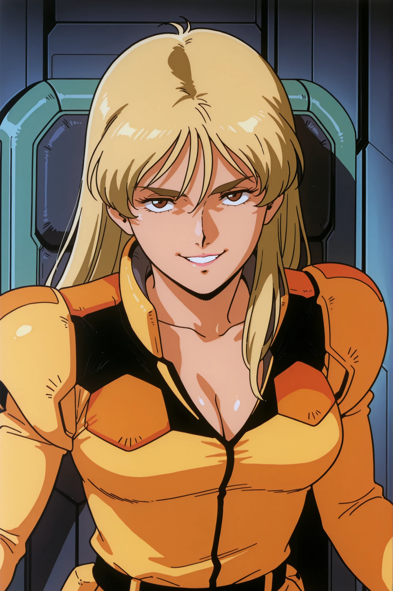 (score_9, score_8_up, score_7_up), source_anime, absurd_res, white, blue, black, 1girl, solo, super fine illustration, an extremely delicate and beautiful, best quality, masterpiece, 8K, Katejina Loos (Mobile Suit Victory Gundam), Blonde, long hair, dark brown eyes, evil smile, a super villain, yellow pilot suit, cleavage, perfect shot, cinematic angle, official art style,