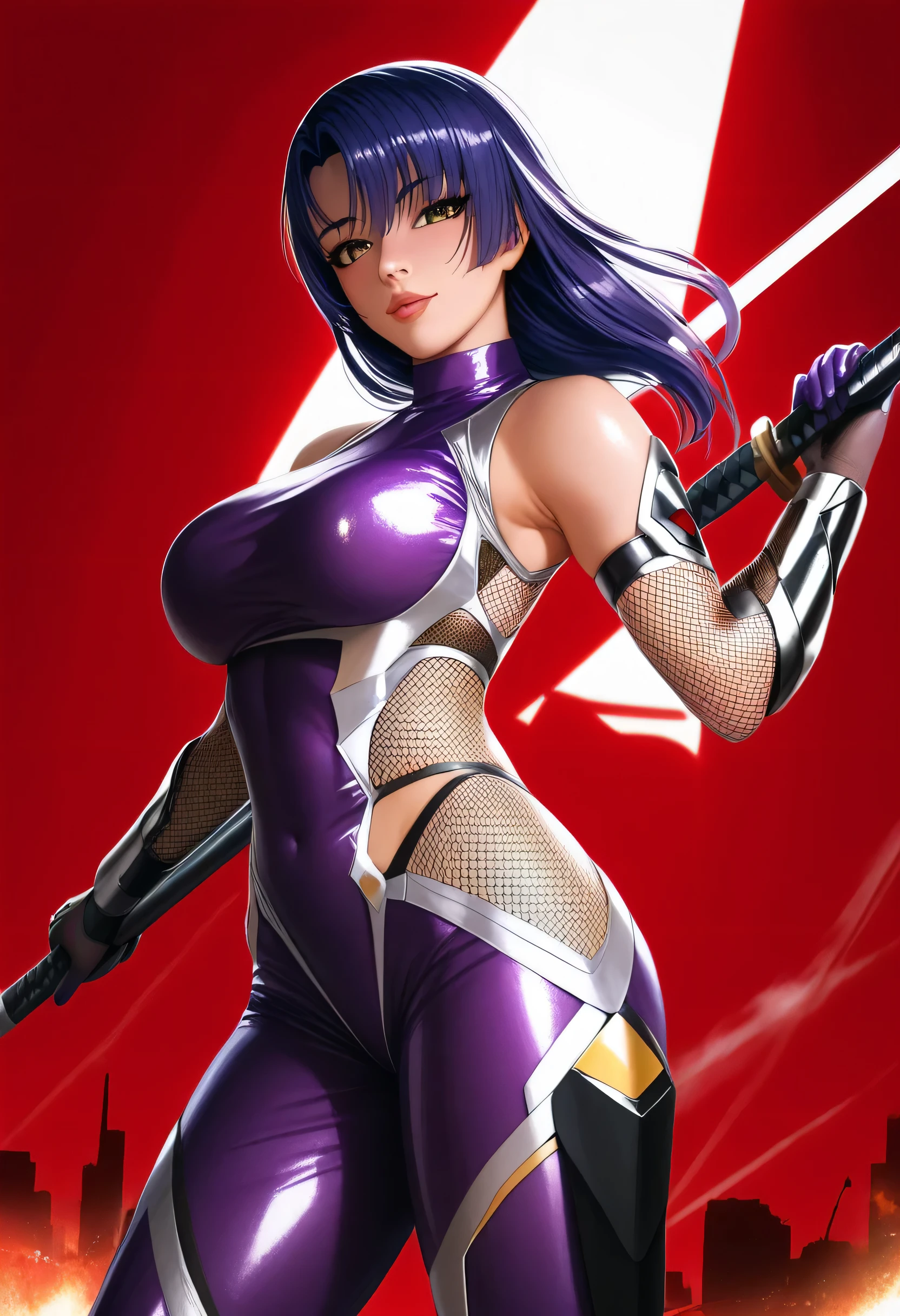 (masterpiece, best quality:1.2), cowboy shot, solo, 1 woman, ninja, female, beautiful, sexy, tsubaki miyajima, long purple hair, 40 y.o, MILF, sleek outfit, taimanin inspired outfit, darkness, wielding kunai, standing on top of a skyscraper, best quality, high resolution, 8k, dynamic lighting, rough texture, shadowing, absurdres, high res, ultrasharp, 8k, masterpiece