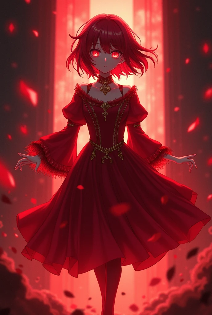 Crazy red eyes laughing Yandere Crazy anime girl. Looking. Short hair. Red hair. Full body, black background.
