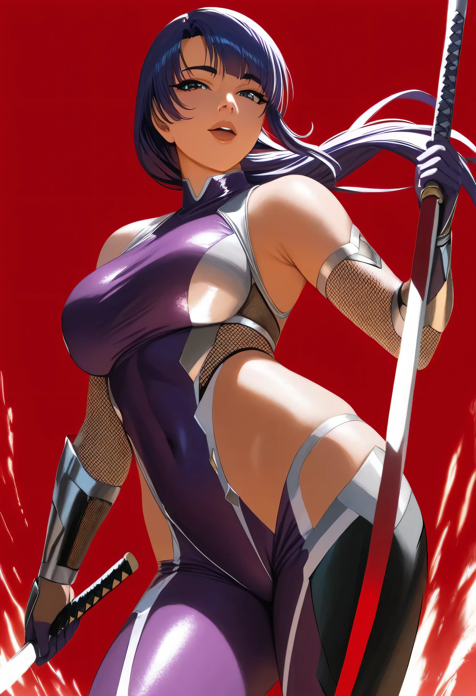 (masterpiece, best quality:1.2), cowboy shot, solo, 1 woman, ninja, female, beautiful, sexy, tsubaki miyajima, long purple hair, 40 y.o, MILF, sleek outfit, taimanin inspired outfit, darkness, wielding kunai, standing on top of a skyscraper, best quality, high resolution, 8k, dynamic lighting, rough texture, shadowing, absurdres, high res, ultrasharp, 8k, masterpiece