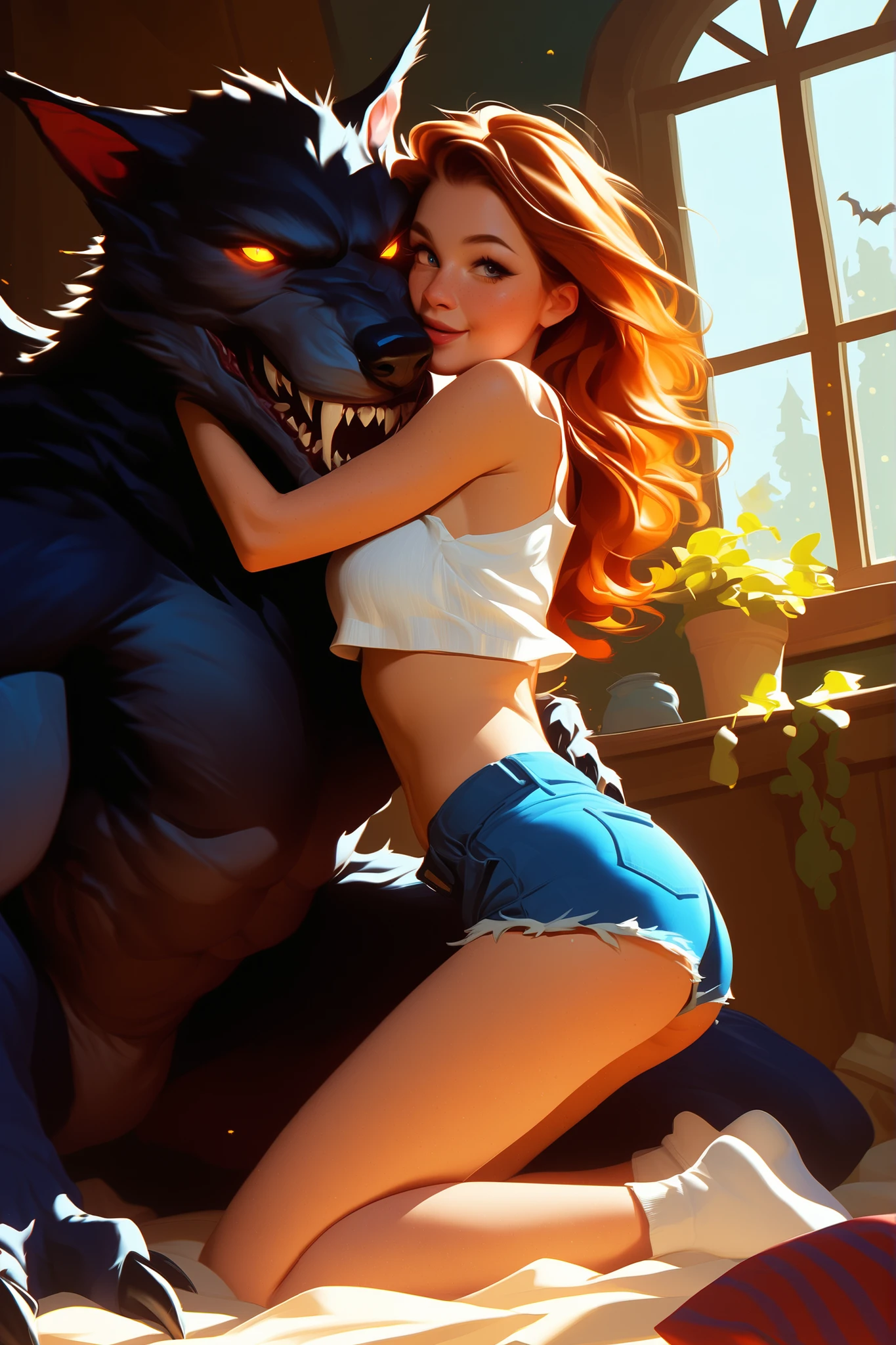 A kneeling figure with long, wavy auburn hair, wearing white crop top and blue denim shorts, is embraced by a large, menacing werewolf creature with glowing eyes. The creature has dark fur, sharp claws, and bat-like wings, adding a fantasy or horror element to the scene. The figure holds a teddy, creating an intriguing contrast between innocence and the ominous presence of the werewolf. The lighting is soft and natural, coming from a window in the background, casting diffuse shadows, and creating a mysterious and surreal atmosphere.