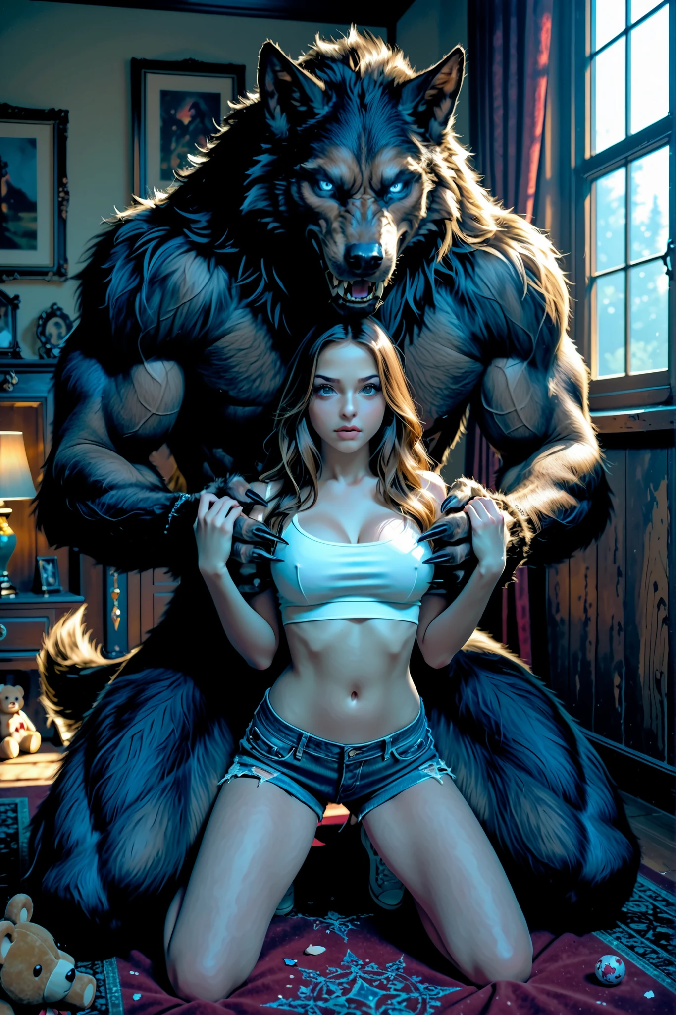 A kneeling figure with long, wavy auburn hair, wearing white crop top and blue denim shorts, is embraced by a large, menacing werewolf creature with glowing eyes. The creature has dark fur, sharp claws, and bat-like wings, adding a fantasy or horror element to the scene. The figure holds a teddy, creating an intriguing contrast between innocence and the ominous presence of the werewolf. The lighting is soft and natural, coming from a window in the background, casting diffuse shadows, and creating a mysterious and surreal atmosphere.